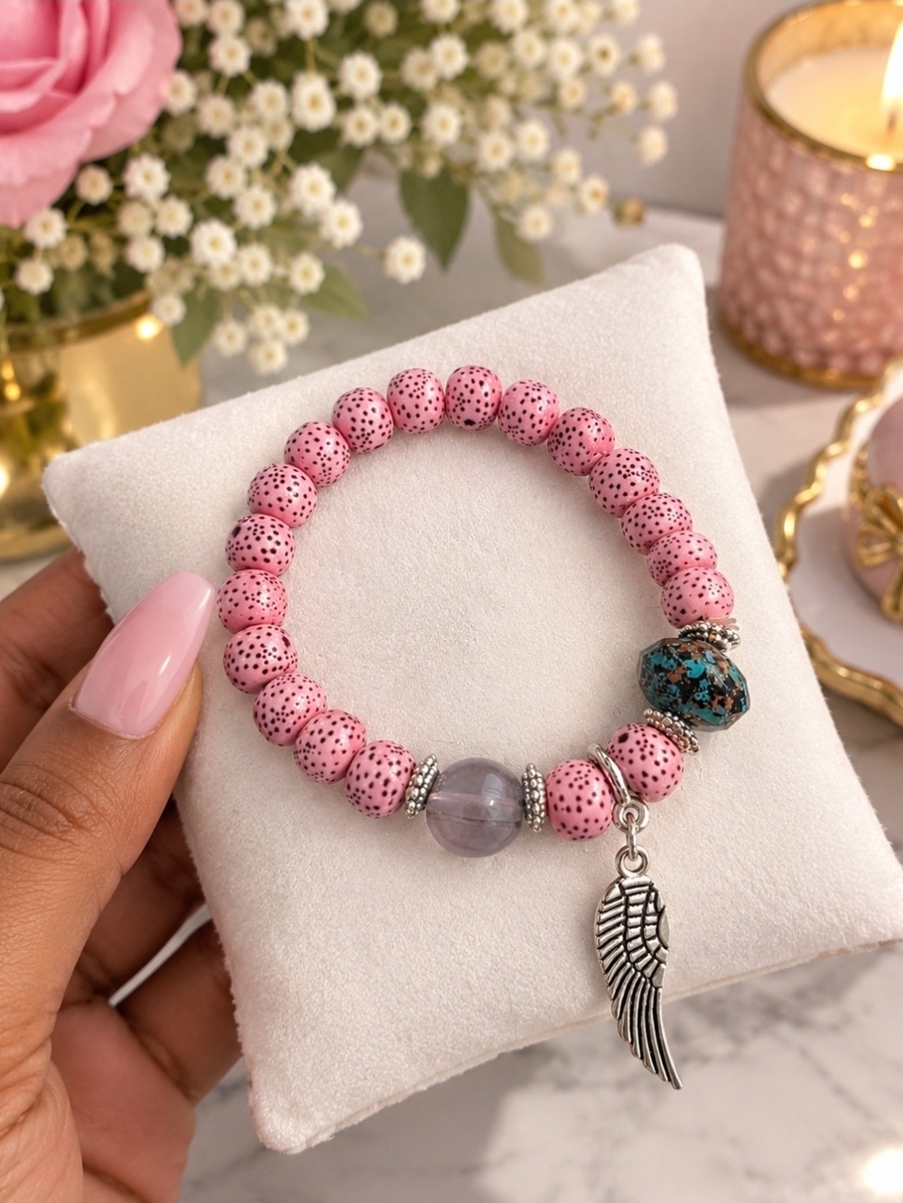 Pink Beaded Stretch Bracelet with Silver Angel Wing Charm